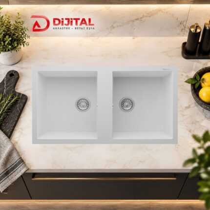 Real Stone P019 Nemrut Granit Mutfak Eviyesi Beyaz Tezgah Altı - Üstü 97x52 Cm İki Gözlü