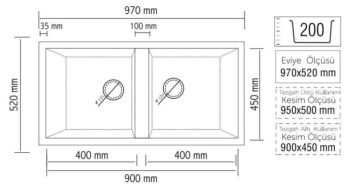 Real Stone P019 Nemrut Granit Mutfak Eviyesi Beyaz Tezgah Altı - Üstü 97x52 Cm İki Gözlü - Görsel 3