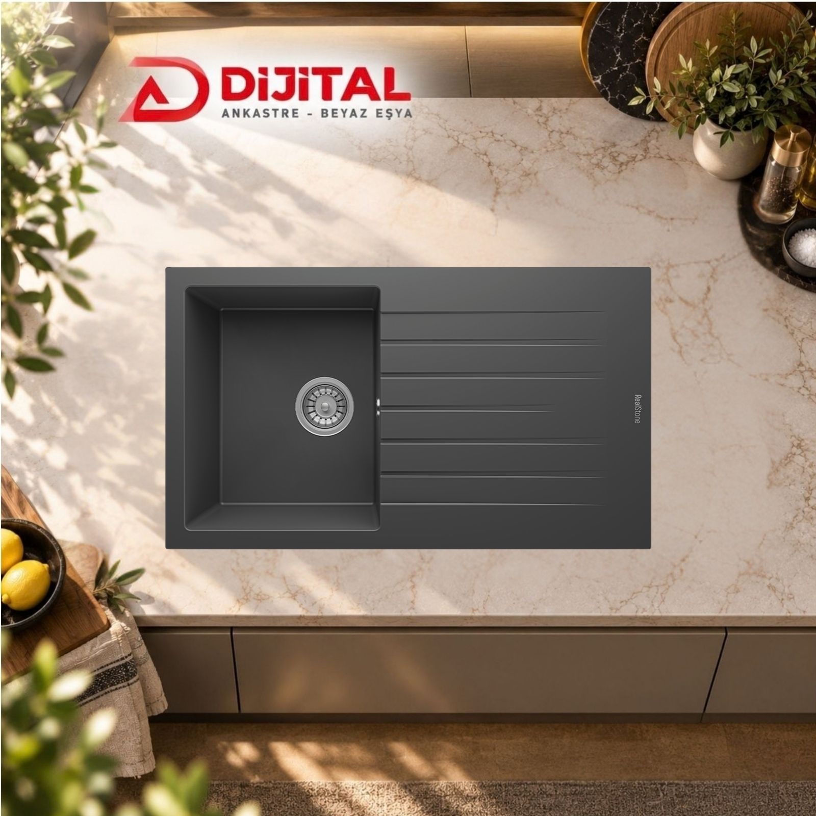 p004-antrasit Real Stone P004 Troya 86 Granit Evye Antrasit 86 X 50 Cm Tezgah Üstü - Görsel 1