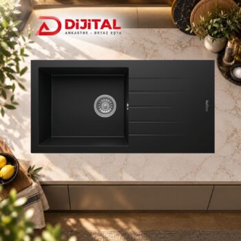 Real Stone P011 ASSOS 86 XL Siyah Granit Eviye 86x43.5 Cm Tezgah Üstü