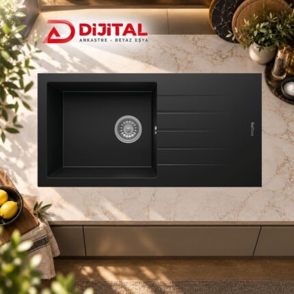 Real Stone P011 ASSOS 86 XL Siyah Granit Eviye 86x43.5 Cm Tezgah Üstü