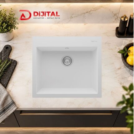 Real Stone K002 DIDYMA 60x53 CM Tezgah Üstü Beyaz Granit Mutfak Eviyesi
