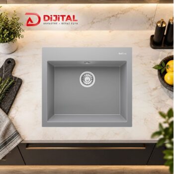 Real Stone K002 DIDYMA 60x53 CM Tezgah Üstü Gri Granit Mutfak Eviyesi