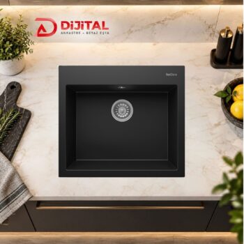 Real Stone K002 DIDYMA 60x53 CM Tezgah Üstü Siyah Granit Mutfak Eviyesi