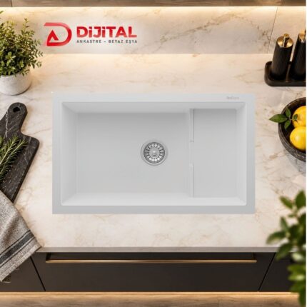 Real Stone Patara Granit Eviye P017 Beyaz Tezgah Altı-Üstü  77x46 Cm