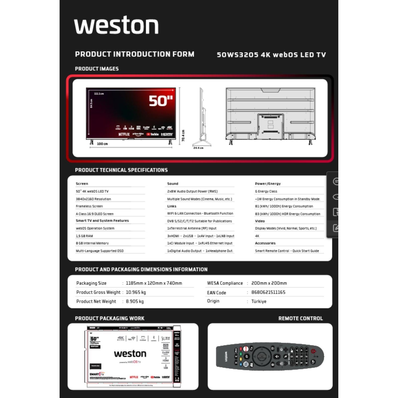 Weston 50WS3205 50″ 127 Ekran 4K Ultra HD WebOS LED TV