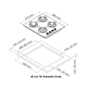 GL General GLO 206SC BASK Kare Beyaz Cam 60cm Döküm Ankastre Ocak - Görsel 3