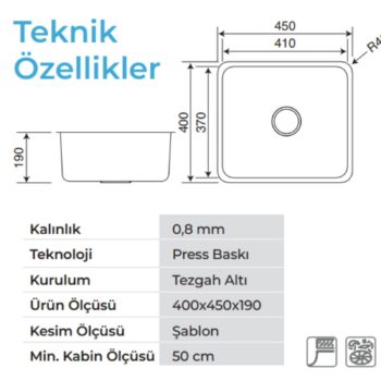 Crauf Lavello 3040 Mat Inox 37x41 Tezgah Altı Paslanmaz Çelik Mutfak Eviyesi - Görsel 2
