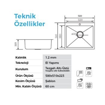 Crauf Poli 6301 PVD Füme Tek Gözlü 51x58 cm Paslanmaz Çelik Mutfak Eviyesi - Görsel 2