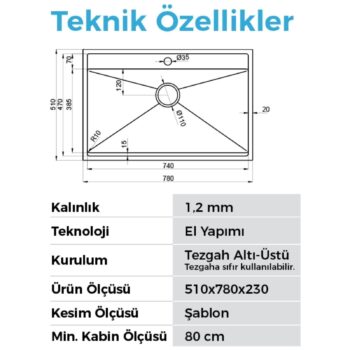 Crauf Poli 6303 PVD Inox Tek Gözlü 51x78 cm Paslanmaz Çelik Mutfak Eviyesi - Görsel 2