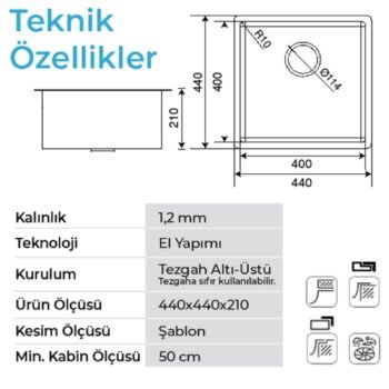 Crauf Stella 4444 Inox 40x40 El Yapımı Paslanmaz Çelik Mutfak Eviyesi - Görsel 2