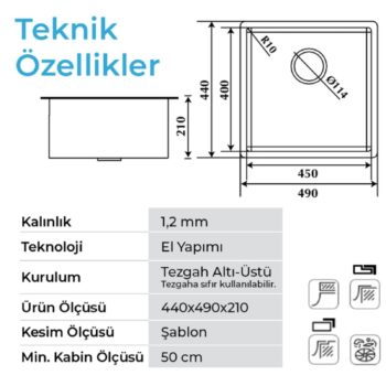 Crauf Stella 4449 PVD Altın 40x45 El Yapımı Paslanmaz Çelik Mutfak Eviyesi - Görsel 2