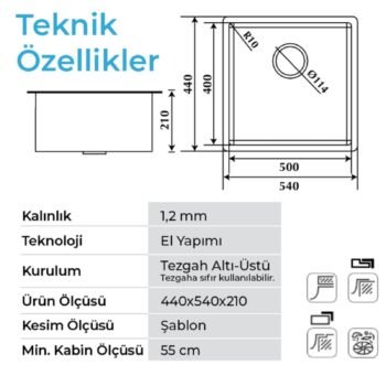 Crauf Stella 4454 PVD Altın 50x40 El Yapımı Paslanmaz Çelik Mutfak Eviyesi - Görsel 2