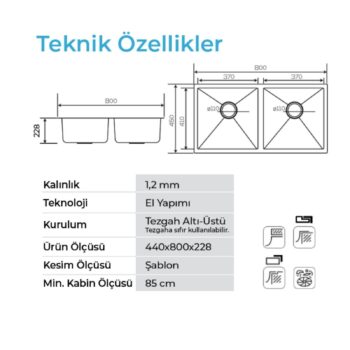 Crauf Stella 4580 PVD Inox 2 Gözlü Paslanmaz Çelik Mutfak Eviyesi - Görsel 2