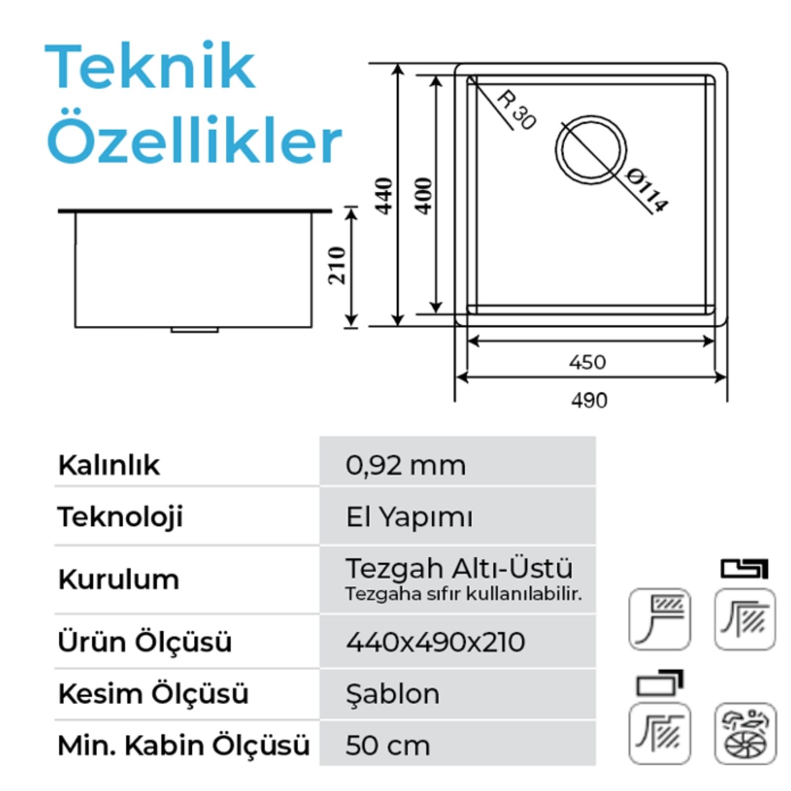 Crauf Venüs 3049 Mat Inox 40x45 Tezgah Altı Paslanmaz Çelik Mutfak Eviyesi