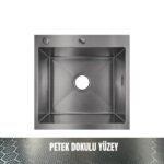 GL General SAGAX 50x55 Antrasit Petek Dokulu Çift Delikli Mutfak Eviyesi 304 Paslanmaz Çelik 1mm