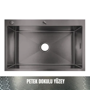 GL General SAGAX 50x60 Antrasit Petek Dokulu Çift Delikli Mutfak Eviyesi 304 Paslanmaz Çelik 1mm