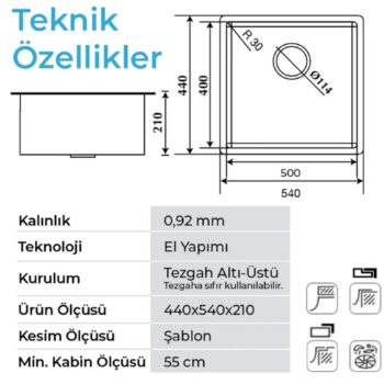 Crauf Venüs 3054 Inox 50x40 Tezgah Altı Paslanmaz Çelik Mutfak Eviyesi - Görsel 2