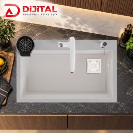Real Stone Hermes Granit Akıllı Eviye Seti Beyaz 75.5X47 cmr