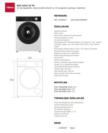 Teka WM 21041 W TR 10 kg 1400 Devir Çamaşır Makinesi - Görsel 8