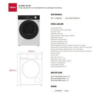 Teka D 209C W TR 9 kg Isı Pompalı Çamaşır Kurutma Makinesi - Görsel 9