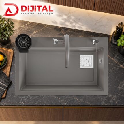 Real Stone Hermes Granit Akıllı Eviye Seti Gri 75.5X47 cm
